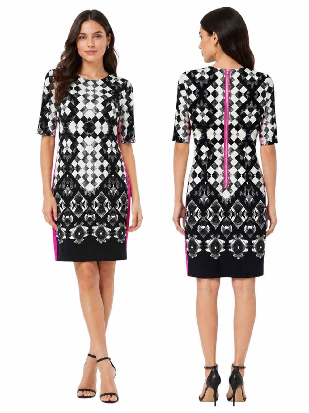 Eliza J Geometric Printed Short Sleeve Shift Dress Pink Stripe Size 2